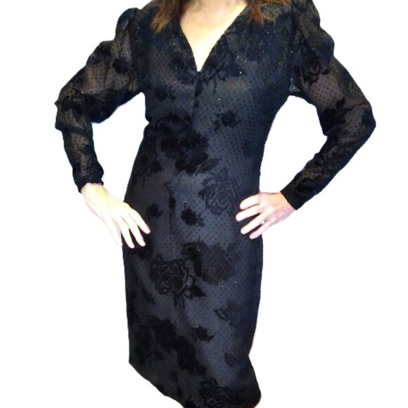 ILGWU Dresses & Skirts - Black Dress - Sheer Layer of Velour Roses & Shimmering Accents - Women's Size 10